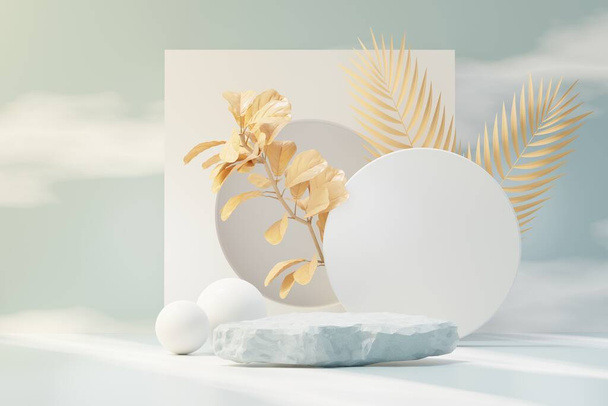 3d render of abstract pedestal podium display with Tropical leaves and Blue sky clouds pastel and plant scene. Product and promotion concept for advertising. Blue pastel natural background. - Fotografie, Obrázek