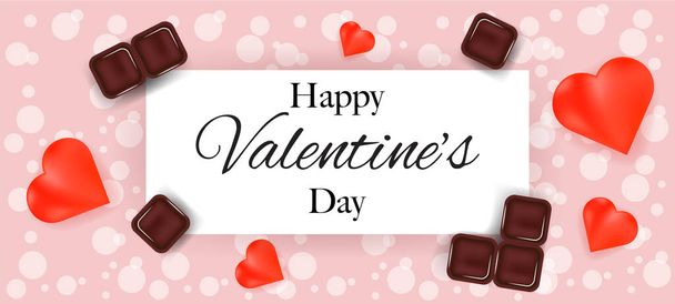 Happy Valentine's Day banner with chocolate and hearts on pink background. Valentine's Day concept illustration. For banner, poster, card, invitation, sale, advertisement. Vector template. - Wektor, obraz