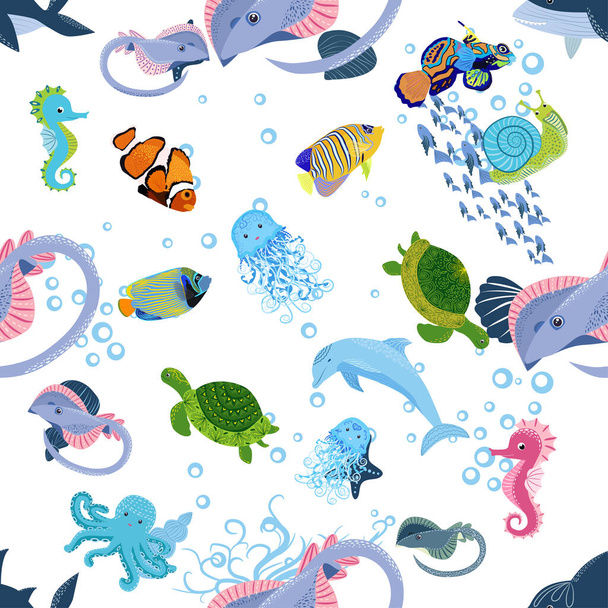 Marine life, fish, animals bright seamless pattern. sea travel, underwater diving animal tropical fish. Jellyfish, whale, shark, seahorse, clown fish, dolphin, turtle emperor fish octopus stingray - Vektor, kép