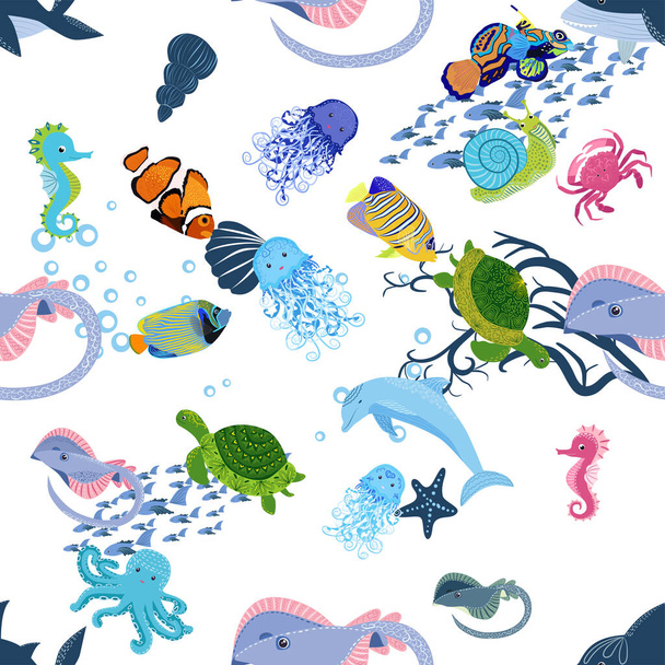 Marine life, fish, animals bright seamless pattern. sea travel, underwater diving animal tropical fish. Jellyfish, whale, shark, seahorse, clown fish, dolphin, turtle emperor fish octopus stingray - Vektor, Bild