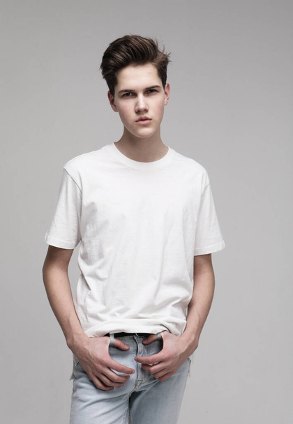 Young Male Model wearing white t-shirt - Fotoğraf, Görsel