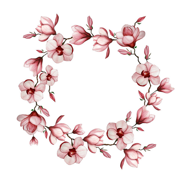 Drawn flowers, watercolor magnolias in the form of a wreath. Pink magnolia flower fram - Фото, изображение