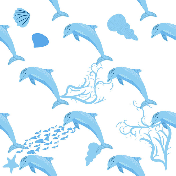 Dolphin, sea inhabitants seamless pattern, beautiful character among seashells, algae, starfish, marine wildlife. - Vector, Image
