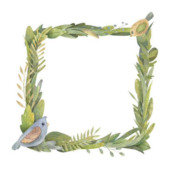 Watercolor square frame with bird and green plants. Elements are hand-drawn. Will create a Spring mood for your designs. Perfect for postcards, covers, invitations, greetings and other ideas of yours. - Fotografie, Obrázek