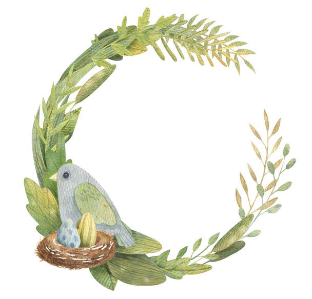 Watercolor wreath with a bird on a nest with eggs and green plants arranged in a circle. Elements are hand-drawn. Spring mood in your designs. Perfect for postcards, covers, and other ideas of yours. - Фото, изображение