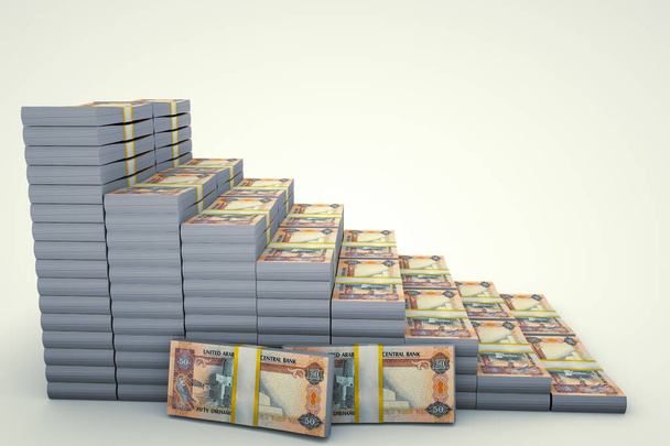 Grafico delle pile di denaro. cinquanta dirham. Illustrazione 3D - Foto, immagini