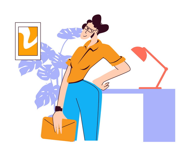 Умная пышная современная девушка с папкой на офисном фоне - готовая к работе концепция - Вектор,изображение
