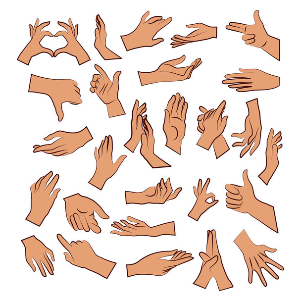 Conjunto de mujeres misceláneas manos gestos color simple. Vector Ilustración de manos femeninas para crear logotipos, estampados, patrones y otros diseños sobre fondo blanco - Vector, imagen