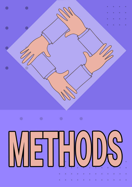 Teken weergavemethoden. Conceptuele foto de bijzondere vorm van procedure voor het bereiken van iets Four Hands Connected Holding Arms Together Het tonen van Connection Symbool. - Foto, afbeelding