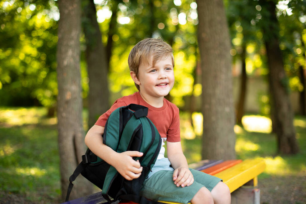 Egy kisfiú a zöld park hátterében. A fiú 5 éves. - Fotó, kép