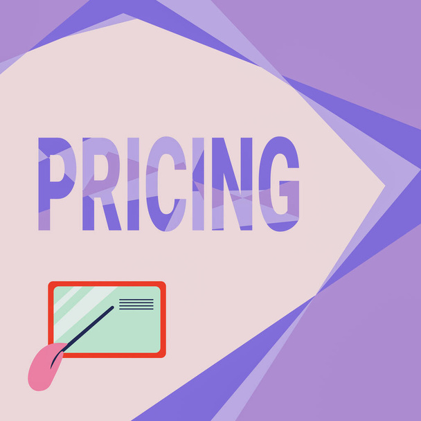 Handwriting text Pricing. Concept meaning the method companies use to price their products or services Card Drawing With Hand Pointing Stick At Small Details. - Photo, Image