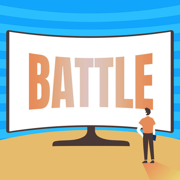 Text caption presenting Battle. Business approach violent fight between groups of showing or between military forces Man Standing Illustration Standing Infront Of Huge Display Screen. - Photo, Image