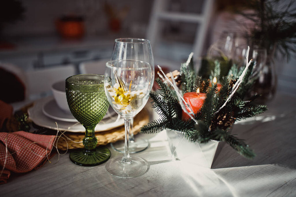 New Year's Christmas table, setting for a festive dinner. Home interior. Winter holidays. - Fotografie, Obrázek