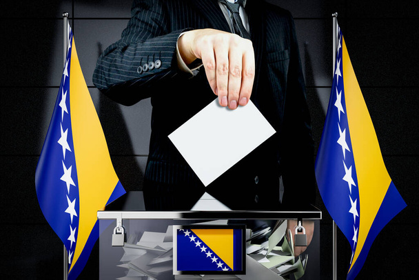 Drapeaux de Bosnie-Herzégovine, carte de vote à main levée - concept électoral - illustration 3D - Photo, image