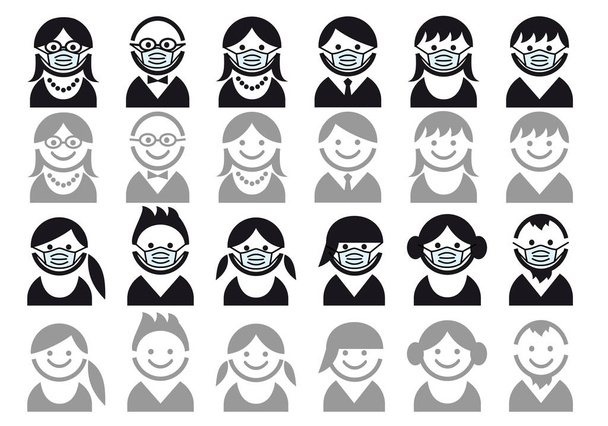 Avatares con mascarilla médica, iconos de usuario, personas, caras sonrientes, vector conjunto - Vector, Imagen