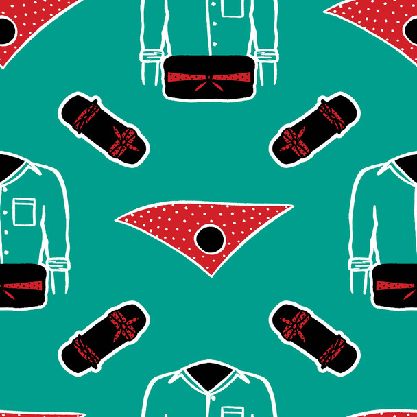 Estampat Castellers de Vilafranca, yeşil gömlek, faixa ve kırmızı benekli atkı - mocador, camisa, faixa. İnsan kulesi Katalan geleneği kusursuz desen - Vektör, Görsel