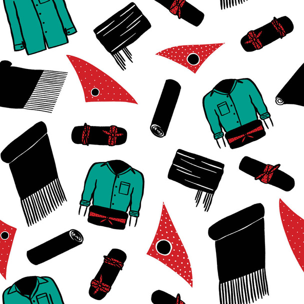 Castellers de Vilafranca, camisa verde, faixa e lenço de bolinhas vermelhas - mocador, camisa, faixa. Torre humana padrão sem costura tradição catalã - Vetor, Imagem