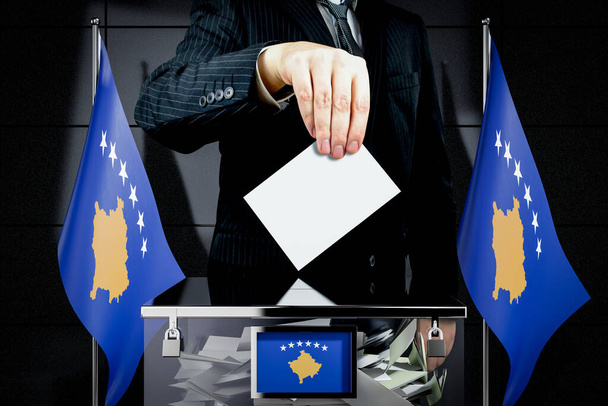 Banderas de Kosovo, tarjeta de votación - concepto electoral - ilustración 3D - Foto, Imagen