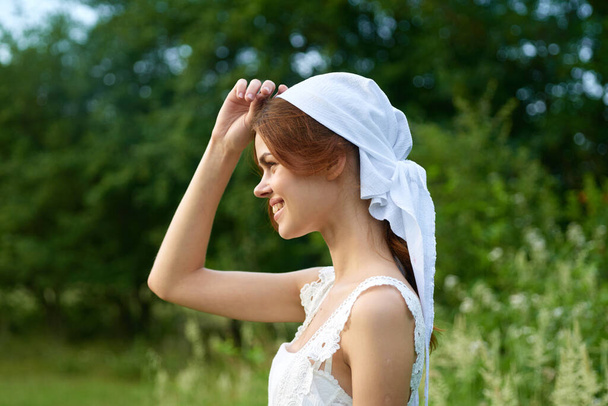 Woman in white dress countryside village nature ecology - Foto, immagini