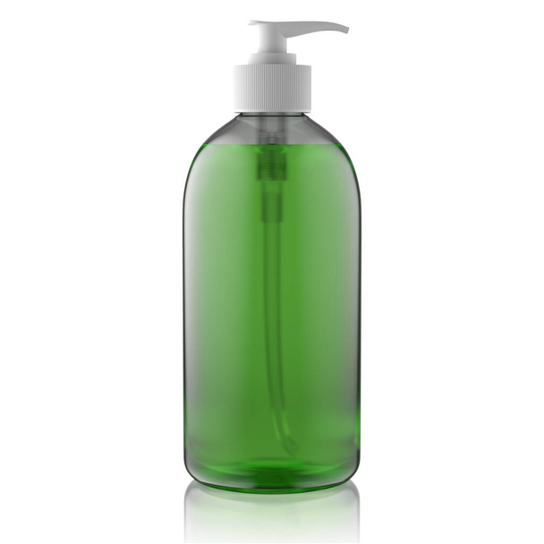 An empty jar of green liquid soap or sanitizer. 3d render. - Zdjęcie, obraz