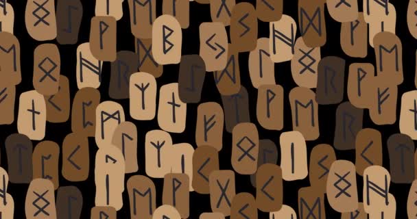 Animation avec des symboles de rune magique. Runes boucle motif ethnique sans couture. Alphabet runique ethnique, Futhark. Symboles occultes nordiques anciens, lettres vikings noires sur brun. Graphique de mouvement vidéo 4K - Séquence, vidéo