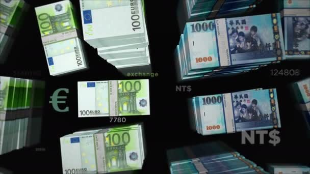 Euro a Tchaj-wan Dolar směna peněz. Papírové bankovky balí balík. Pojetí obchodu, ekonomiky, hospodářské soutěže, krize, konfliktů, soupeření a financí. Poznámky smyčka bezešvé 3D animace. - Záběry, video