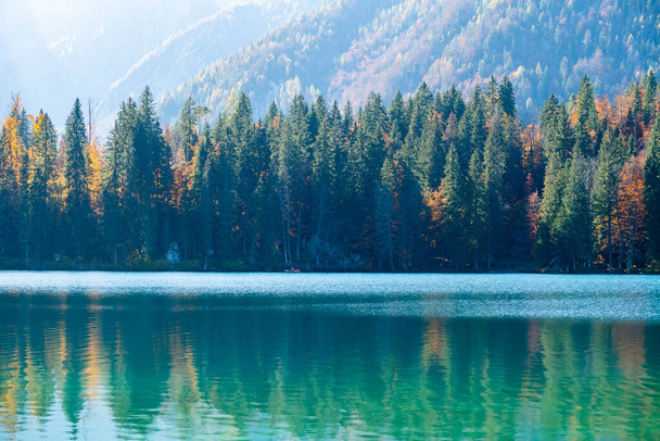 mountain lake, autumn trees and mighty mountains in sunlight - Valokuva, kuva