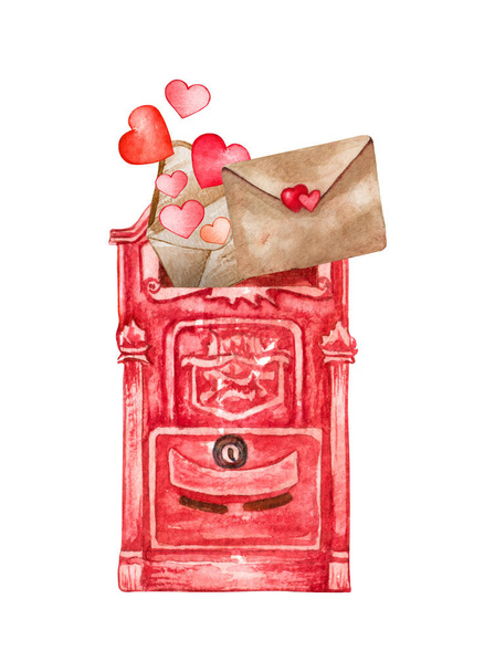 Watercolor vintage mail box with hearts and Love letters. Valentines day illustration. Love concept - Foto, immagini