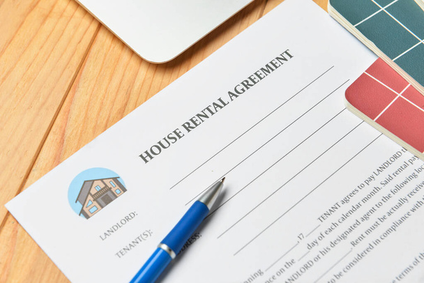 House rental agreement with pen on wooden background, closeup - Photo, Image