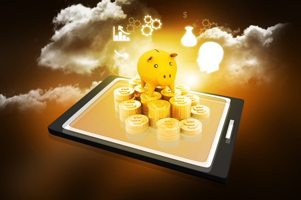 Piggy bank on with a tablet pc - Photo, Image