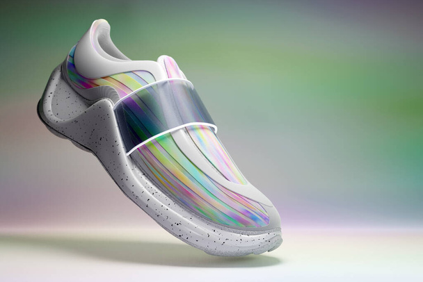 3D Illustration eines glänzend weißen Turnschuhs mit Schaumstoffsohle und Verschluss unter Neonfarbe auf hellem Hintergrund. Sneakers Seitenansicht. Modische Turnschuhe. - Foto, Bild