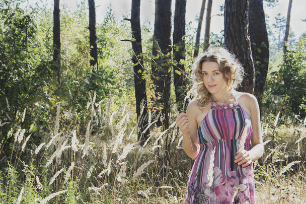 az őszi erdőben egy tisztás göndör lány a magas fűben, a  - Fotó, kép