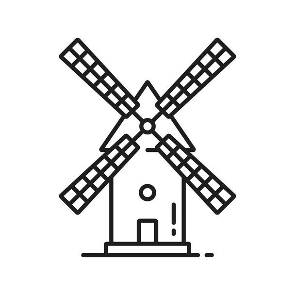 Německý orientační retro větrný mlýn izolované obrys ikony. Vektorová venkovská krajina tradiční holandský kamenný mlýn, Holandský dřevěný větrný mlýn, Holandská stavba pro mlýnské kameny obilí, mouka, zpracování chleba - Vektor, obrázek