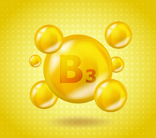 現実的なB3ビタミンナイアシンのデザイン。黄色の栄養イラストのコンセプト。3Dビタミン複合体B3ナイアシンデザイン。液滴カプセル. - ベクター画像