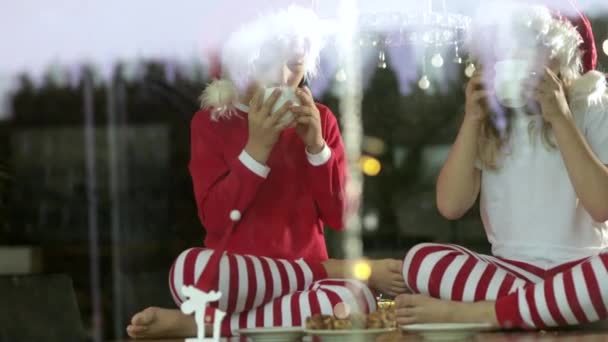 Deux enfants portant des chapeaux de Noël assis, buvant du thé et mangeant des gâteaux à la maison au moment de Noël    - Séquence, vidéo