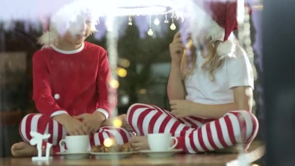 Deux enfants portant des chapeaux de Noël assis, buvant du thé et mangeant des gâteaux à la maison au moment de Noël   - Séquence, vidéo