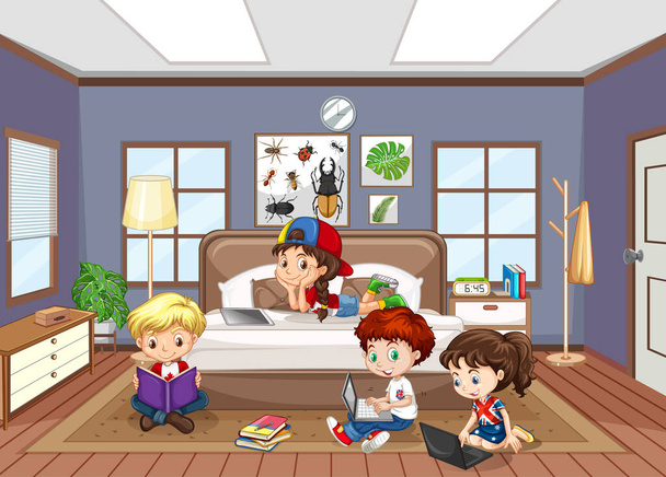 Interno della camera da letto con i bambini cartone animato personaggio illustrazione - Vettoriali, immagini