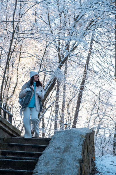usmívající se žena chůze v zimním parku kopírovat prostor - Fotografie, Obrázek