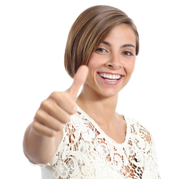 Beauty woman with perfect smile and white teeth gesturing thumb up - Valokuva, kuva
