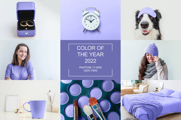 Kolaż różnych zdjęć stonowane kolorowe w modnym kolorze roku 2022 Bardzo Peri, aby zademonstrować trendy kolorów. Zainspirowany kolorem 17-3938. Kolor koncepcji roku. - Zdjęcie, obraz