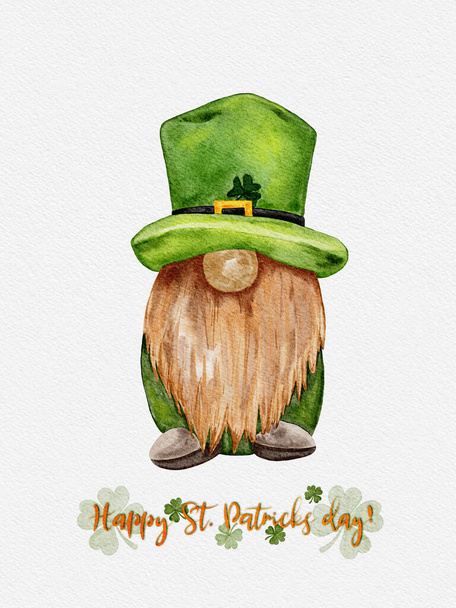 St Patrick day leprechaun with four leaves clovers, Greeting card a gnomes with shamrock a luck symbols. illustration Watercolour green Scandinavian Dwarfs collection in Celtic, Irish style - Photo, Image
