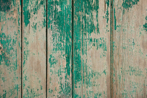 texture of a wooden fence.  fence painted green.  peeling paint on an old fence.  old wood texture.  photo can be used as a photophone, as a texture - Foto, Imagem
