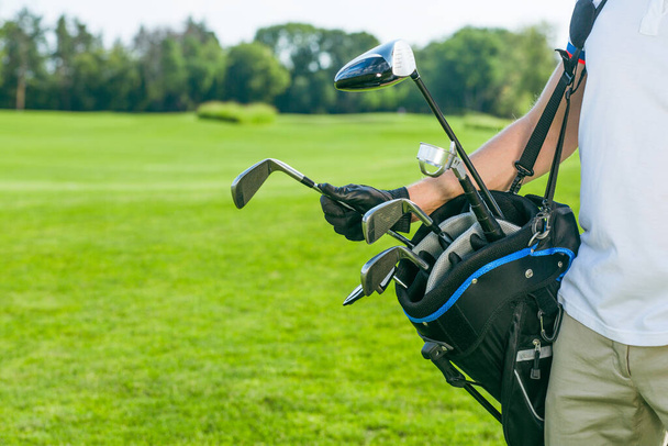  Mans Hand in a Black Leather Glove Pulls a Golf Club out of a Bag. Bag Full of Golf Clubs, Iron, Wedge, Wood, Drivers. Course of Turf Grass Background. Copy Space. Close-up.  - 写真・画像