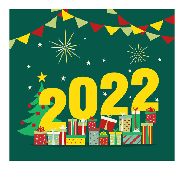 Καλή χρονιά 2022. Παρών, κουτί δώρου, αριθμός 2022. Επίπεδη διανυσματική απεικόνιση, μεμονωμένα αντικείμενα. - Διάνυσμα, εικόνα