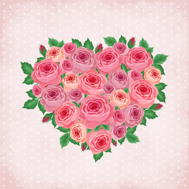 Heart of roses on vintage background - Vector, imagen
