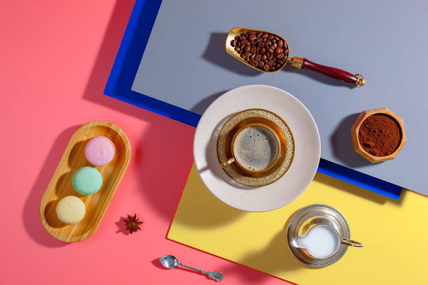 Coffee with dessert on a bright colored  - Fotó, kép