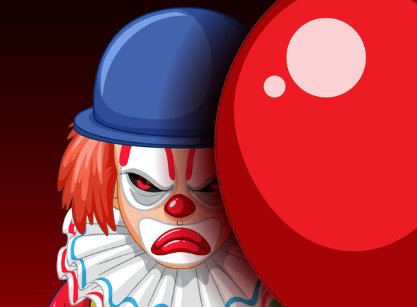 Creepy clown face peeking out from behind balloon illustration - Vector, Image