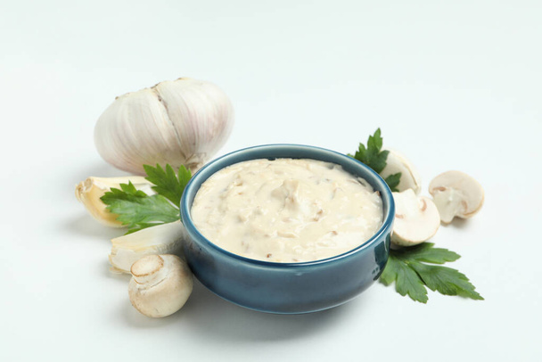 Concept of tasty food with mushroom sauce on white background - Photo, Image