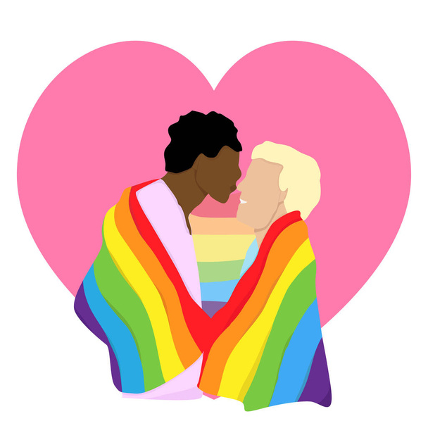 Liebe zu zwei Männern, LGBT-Paar. Regenbogenfahne. Flache Vektorabbildung. - Vektor, Bild