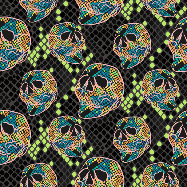Skull pattern with snake skin texture. Seamless neon dark grunge boho background for textile print. - Vector, Imagen